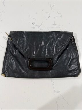 Vintage Pistore Italy Black Glazed Leather Foldover Clutch Handbag
